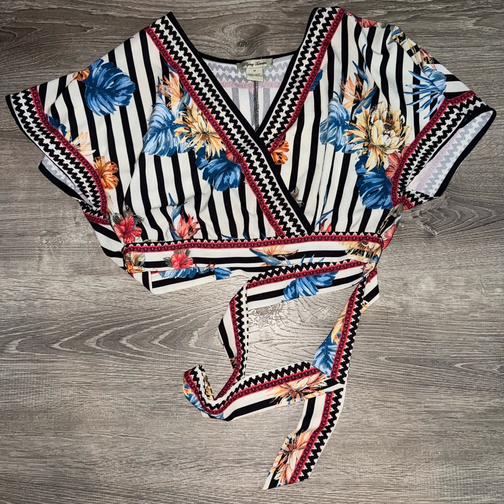 Flying Tomato White and Blue Crop Wrap Blouse